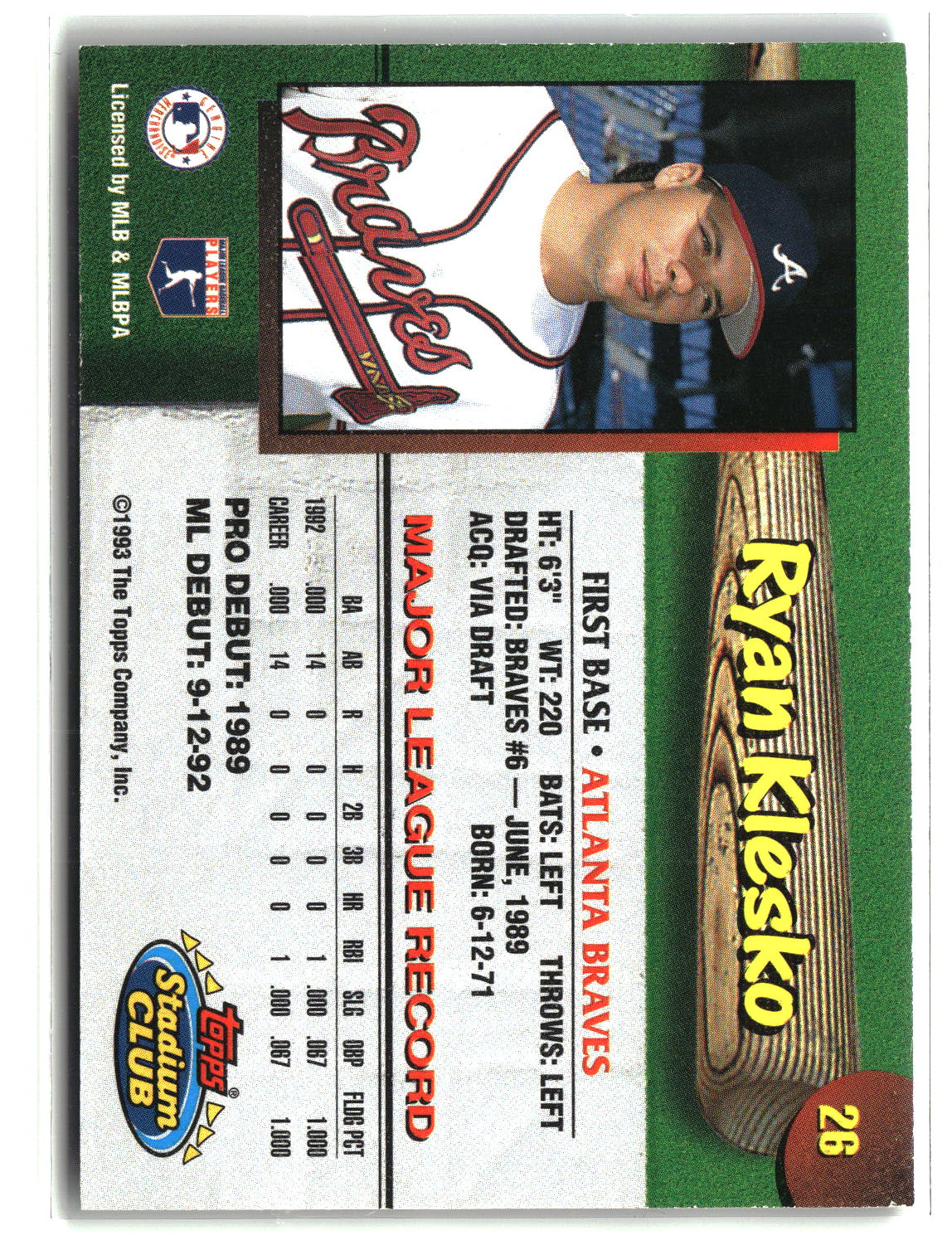 Ryan Klesko 1993 Stadium Club Atlanta Braves #26
