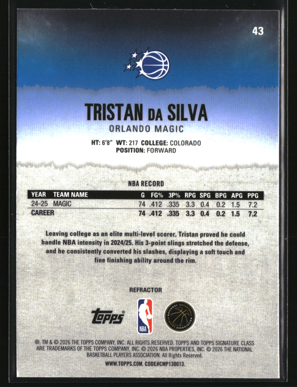 Tristan da Silva 2025-26 Topps Signature Class Chrome Refractors #43