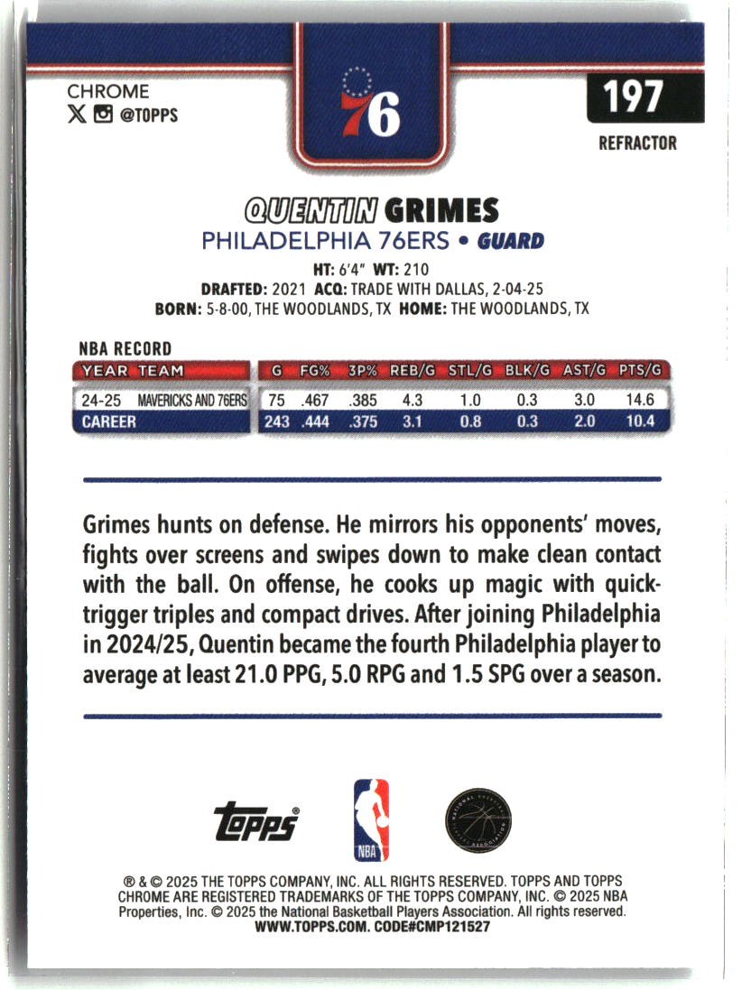 Quentin Grimes 2025-26 Topps Chrome Refractor #197