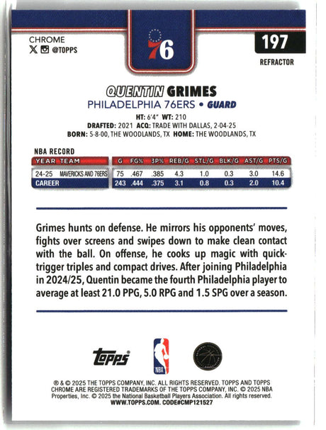 Quentin Grimes 2025-26 Topps Chrome Refractor #197