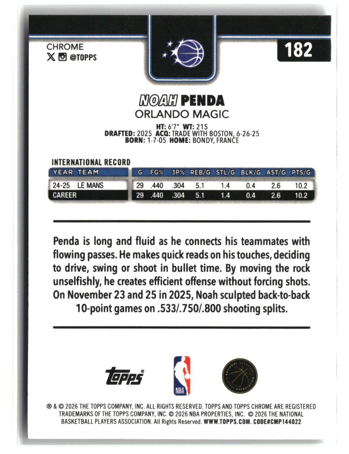 Noah Penda 2025-26 Topps Chrome Update #182