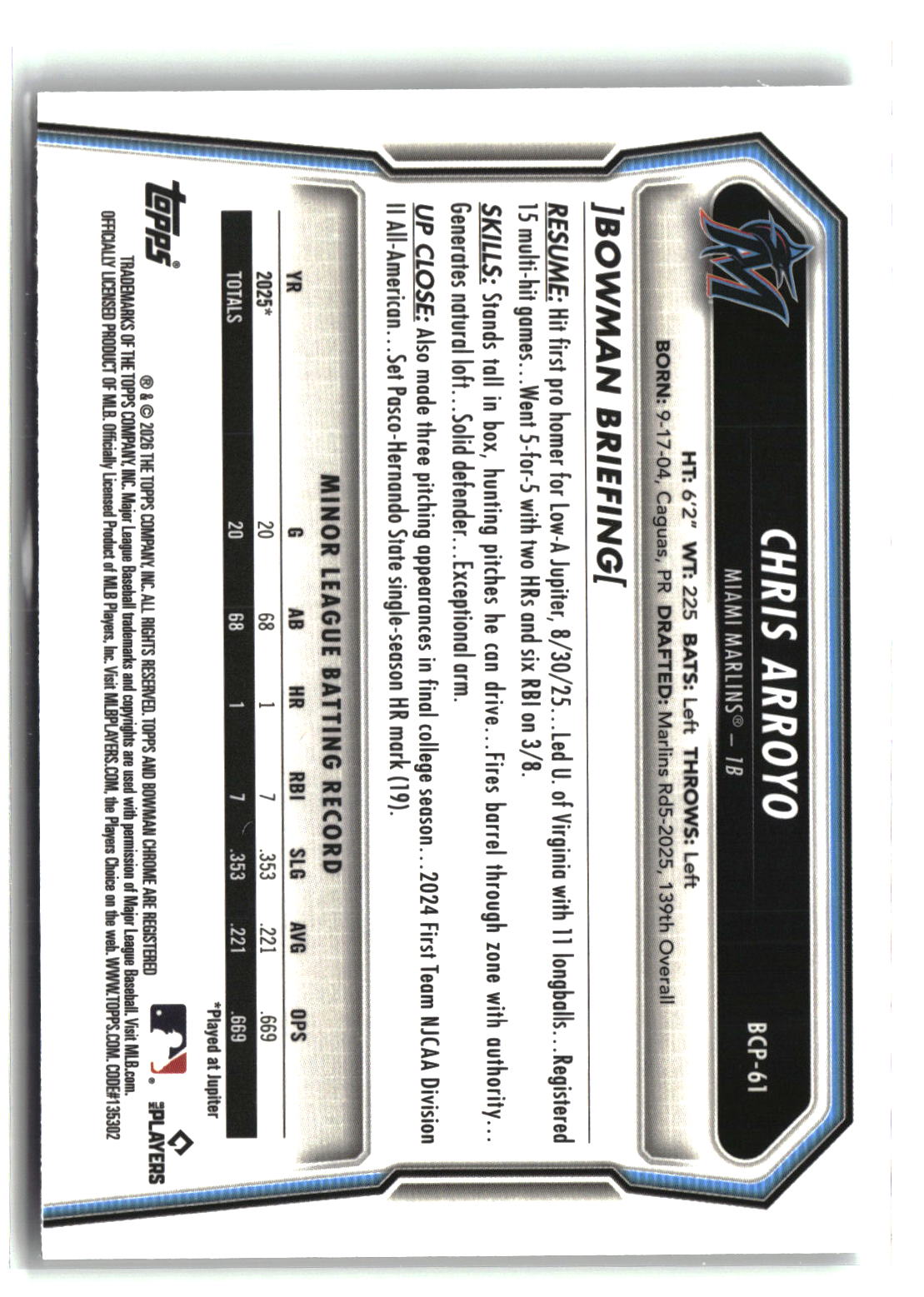 Chris Arroyo 2026 Bowman Chrome Prospects #BCP-61