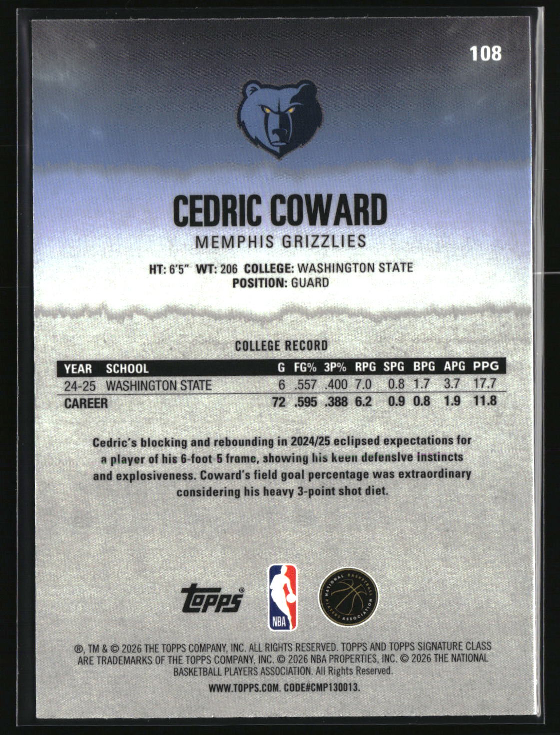 Cedric Coward 2025-26 Topps Signature Class Chrome #108