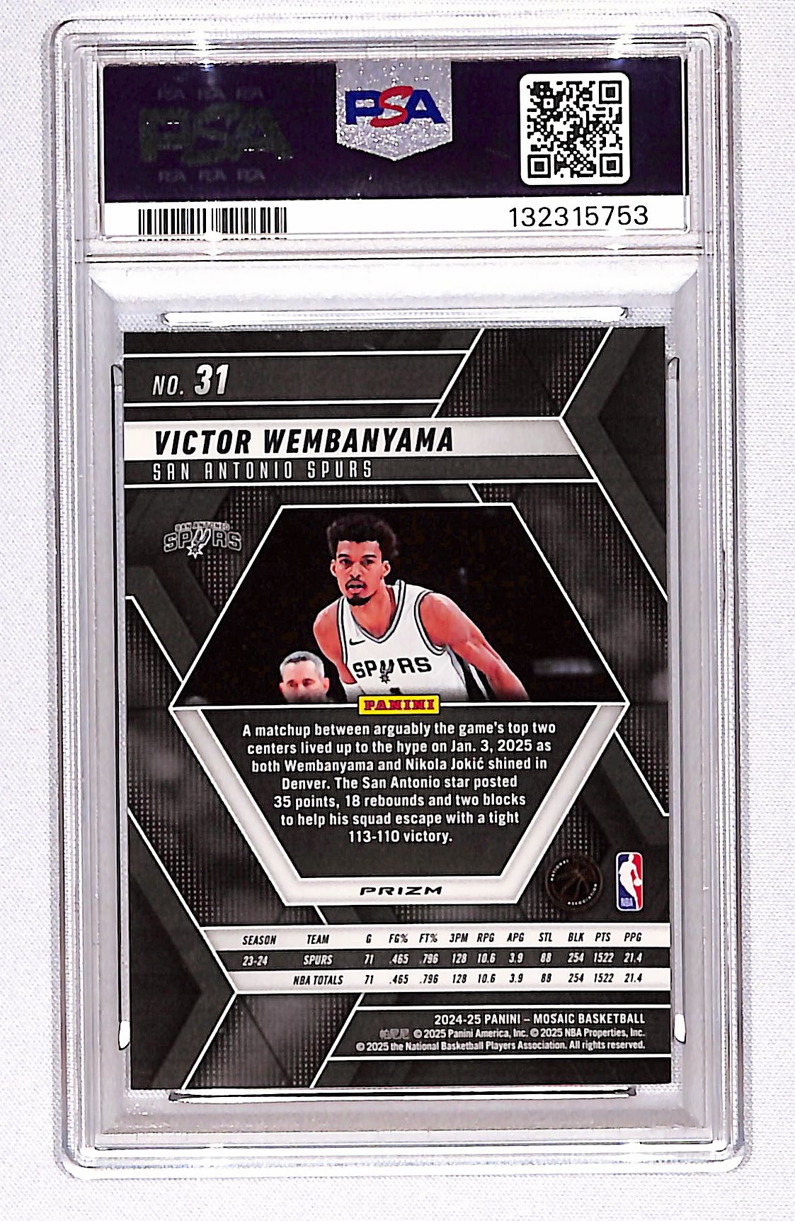 Victor Wembanyama 2024-25 Panini Mosaic Genesis Mosaic #31 PSA 10