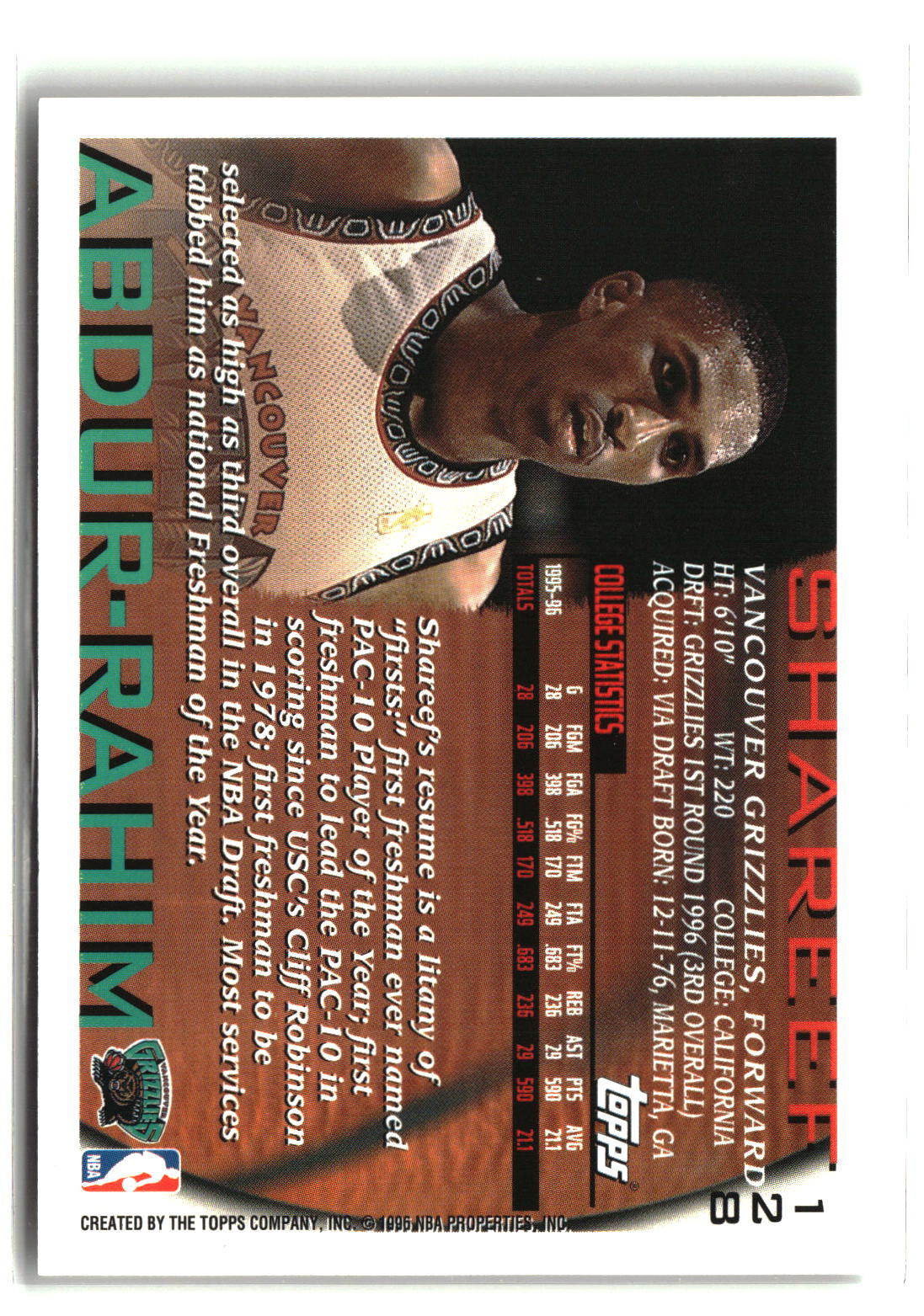 Shareef Abdur-Rahim 1996-97 Topps #128