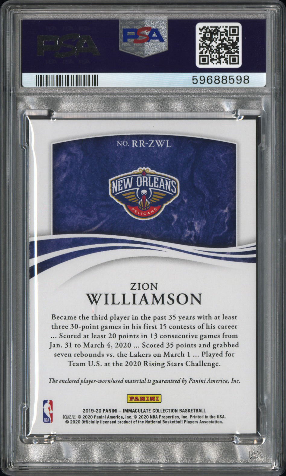 Zion Williamson 2019-20 Immaculate Rookie Jerseys Gold #RR-ZWL #/10 PSA 9