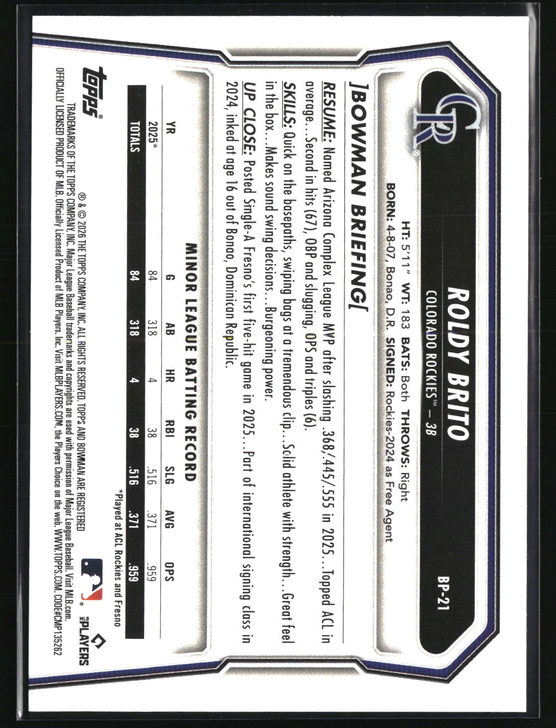 Roldy Brito 2026 Bowman Prospects #BP-21