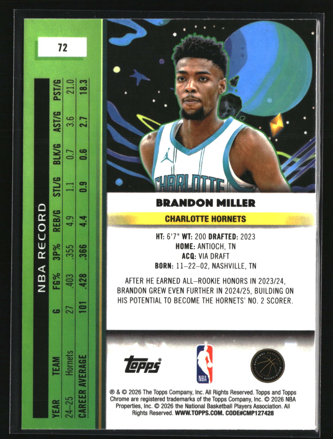 Brandon Miller 2025-26 Topps Chrome Cosmic #72