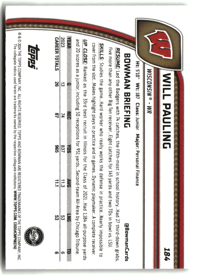 Will Pauling 2024 Bowman University Chrome #184