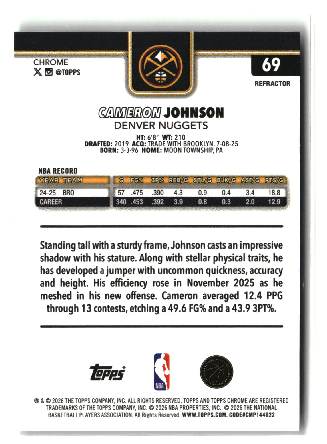Cameron Johnson 2025-26 Topps Chrome Update Refractor #69