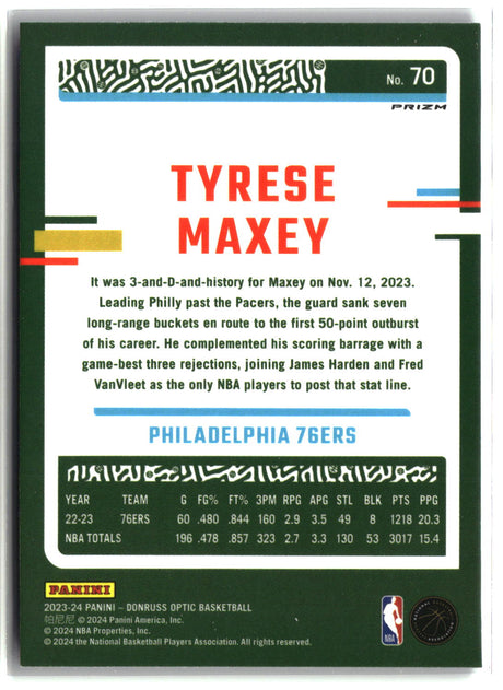 Tyrese Maxey 2023-24 Donruss Optic Purple Shock #70