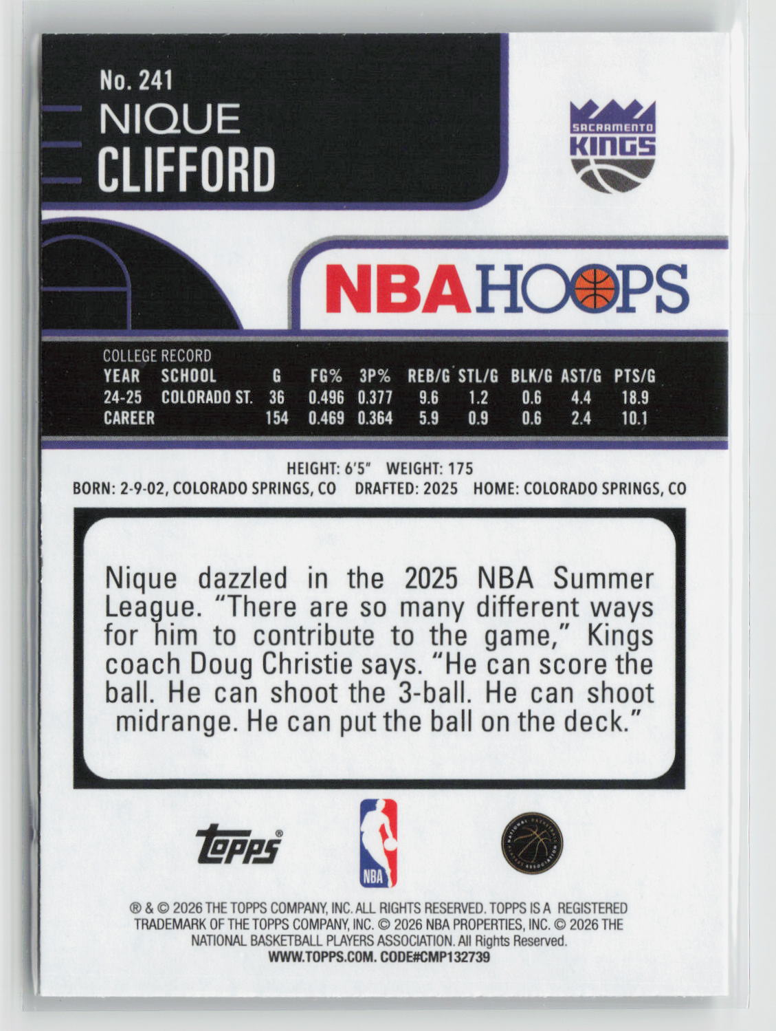 Nique Clifford 2025-26 Hoops #241