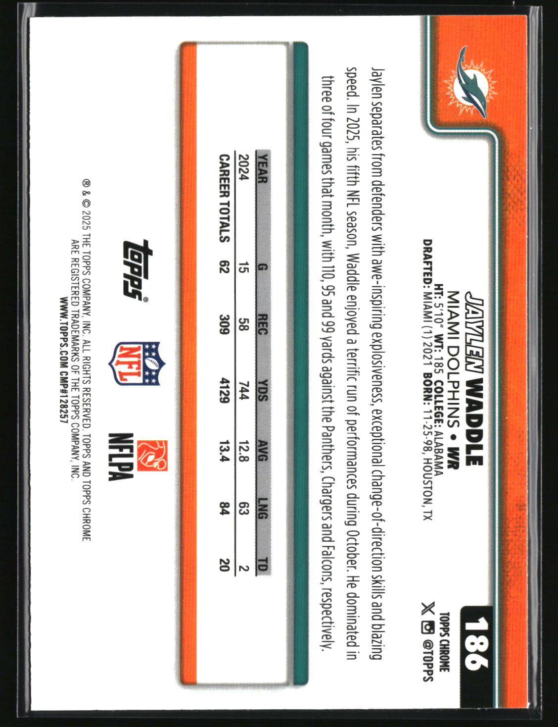 Jaylen Waddle 2025 Topps Chrome Ray Wave Refractor #186