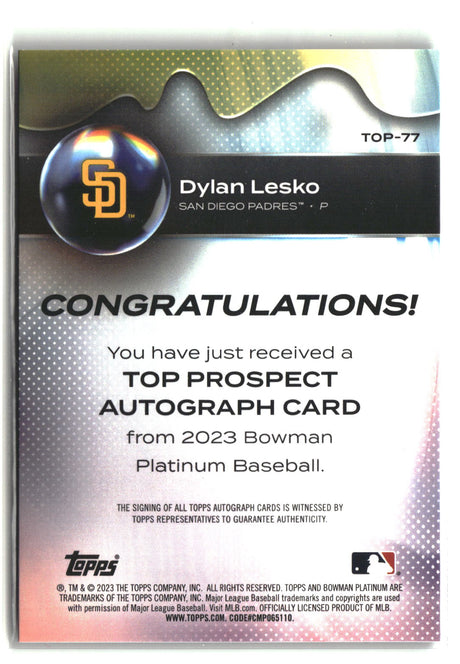 Dylan Lesko 2023 Bowman Platinum Top Prospect Autographs #TOP-77