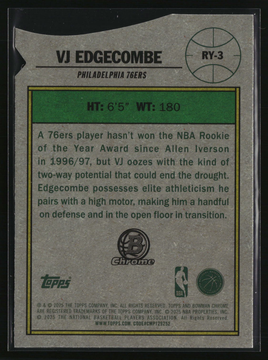 VJ Edgecombe 2025-26 Bowman Rookie of the Year Favorites #RY-3