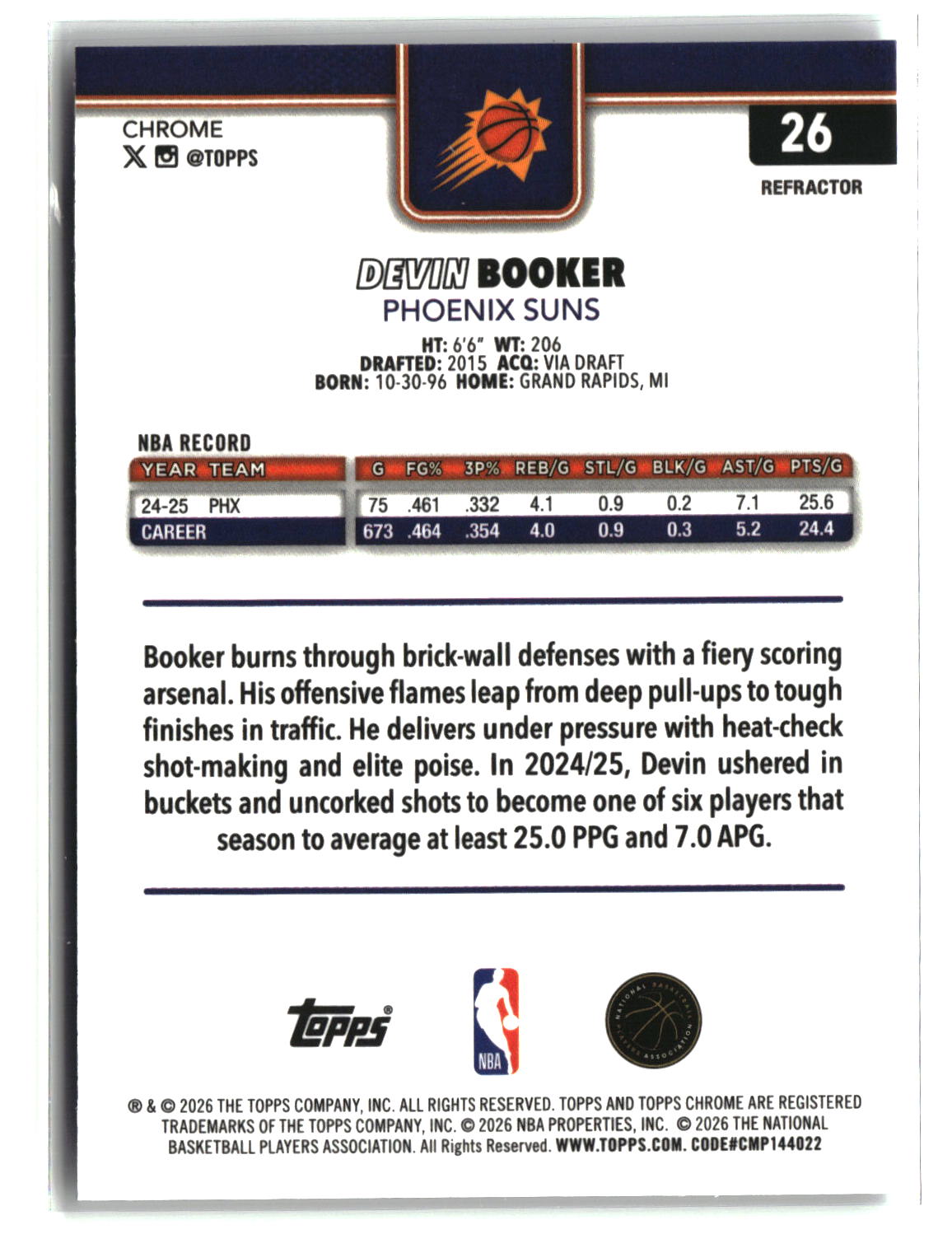 Devin Booker 2025-26 Topps Chrome Update Refractor #26