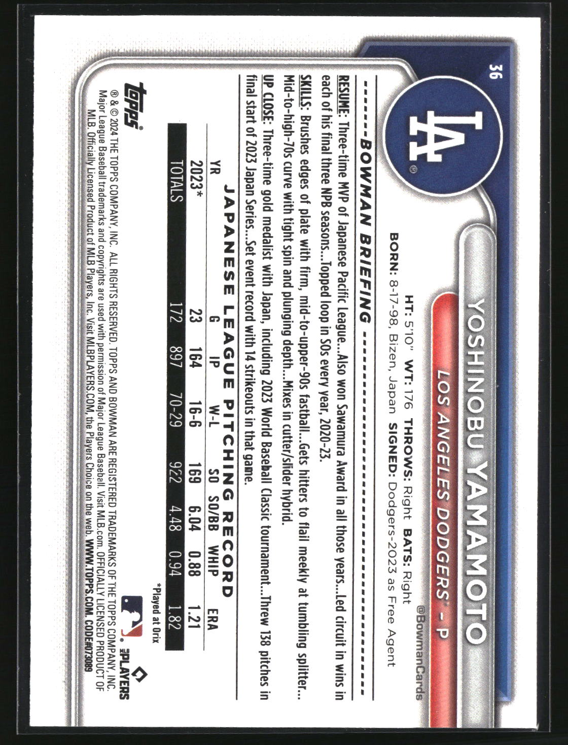 Yoshinobu Yamamoto 2024 Bowman #36
