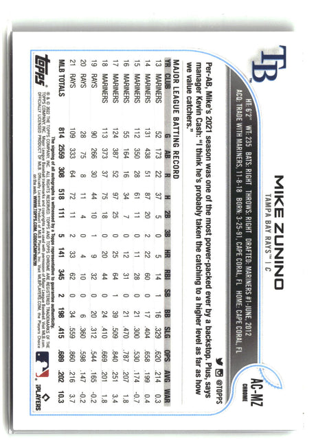 Mike Zunino 2022 Topps Chrome Update Autographs #AC-MZ