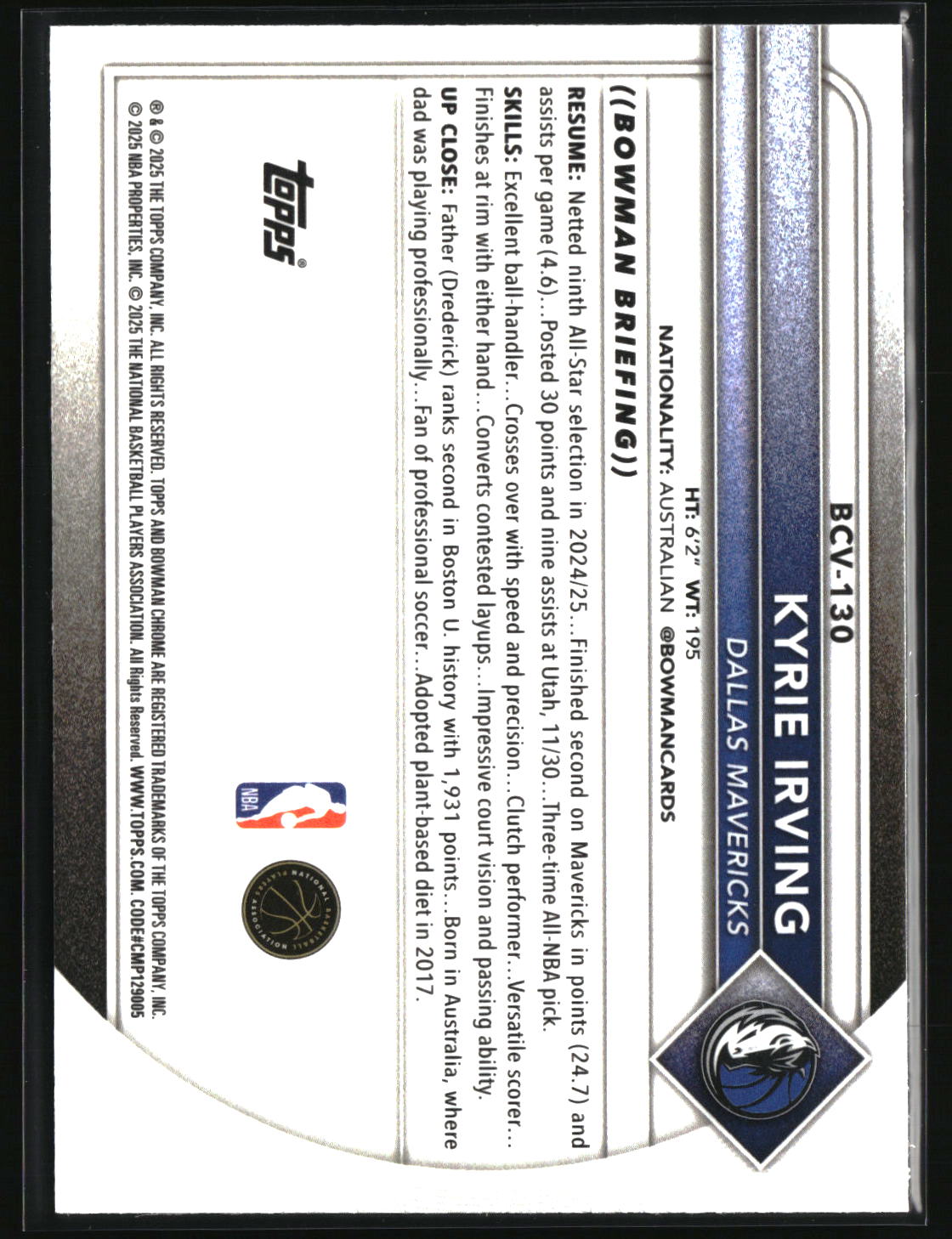 Kyrie Irving 2025-26 Bowman Chrome Reptilian Refractor #BCV-130