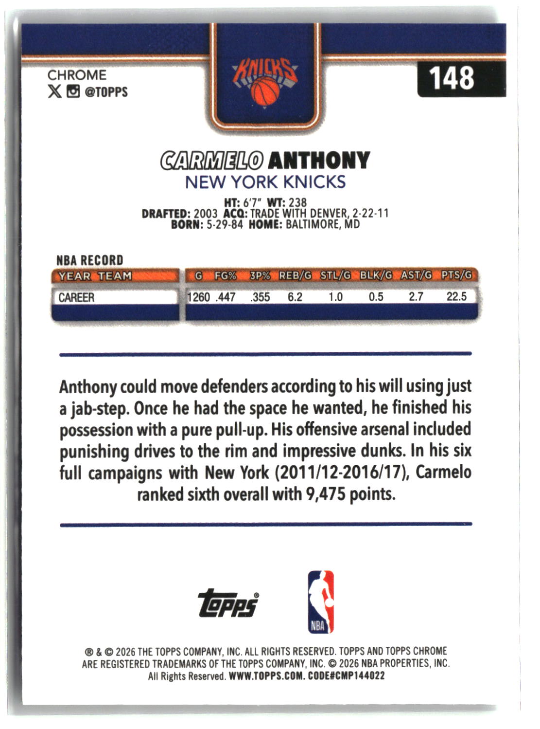Carmelo Anthony 2025-26 Topps Chrome Update RayWave Refractor #148