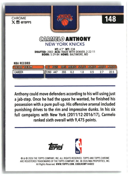 Carmelo Anthony 2025-26 Topps Chrome Update RayWave Refractor #148