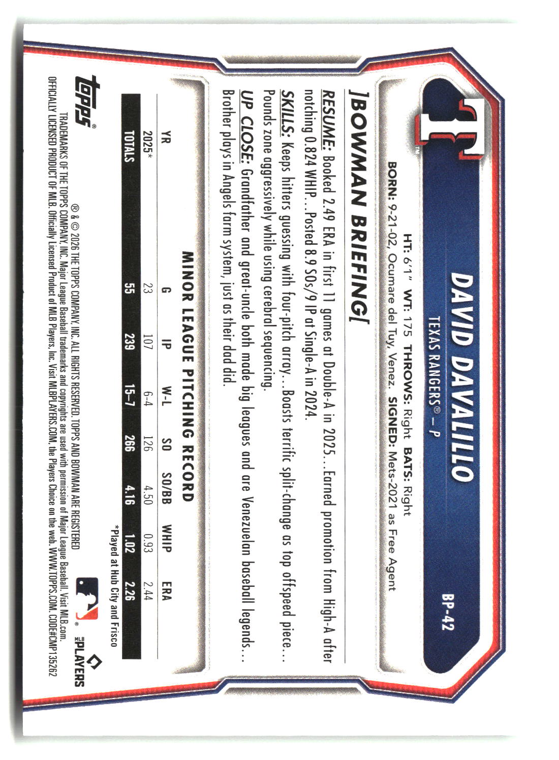 David Davalillo 2026 Bowman Prospects #BP-42