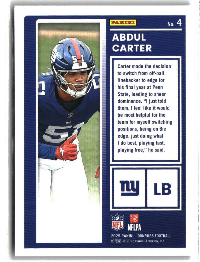 Abdul Carter 2025 Donruss The Rookies #4