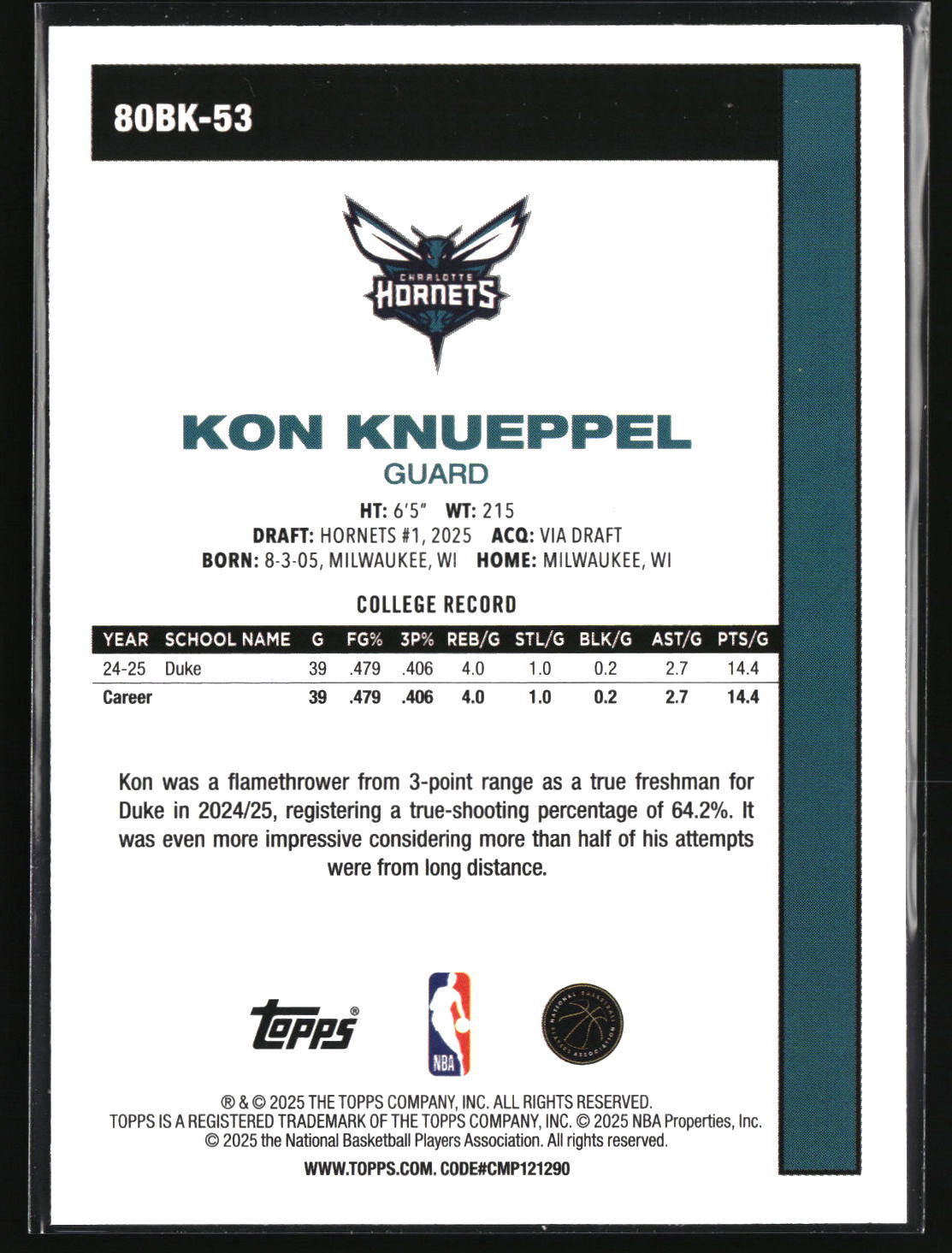 Kon Knueppel 2025-26 Topps 1980-81 Topps Basketball #80BK-53