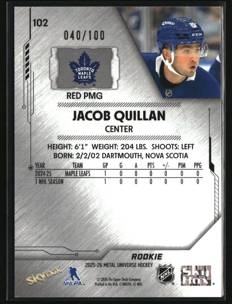 Jacob Quillan 2025-26 SkyBox Metal Universe Precious Metal Gems Red #102 #/100