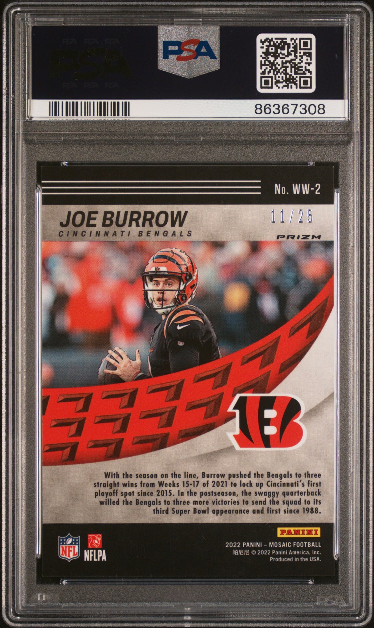 Joe Burrow 2022 Panini Mosaic Will To Win Orange Fluorescent #WW2 11/25 PSA 10