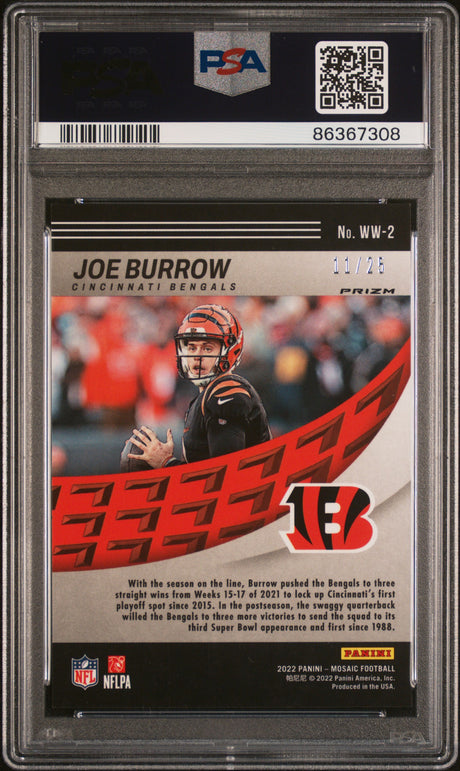 Joe Burrow 2022 Panini Mosaic Will To Win Orange Fluorescent #WW2 11/25 PSA 10