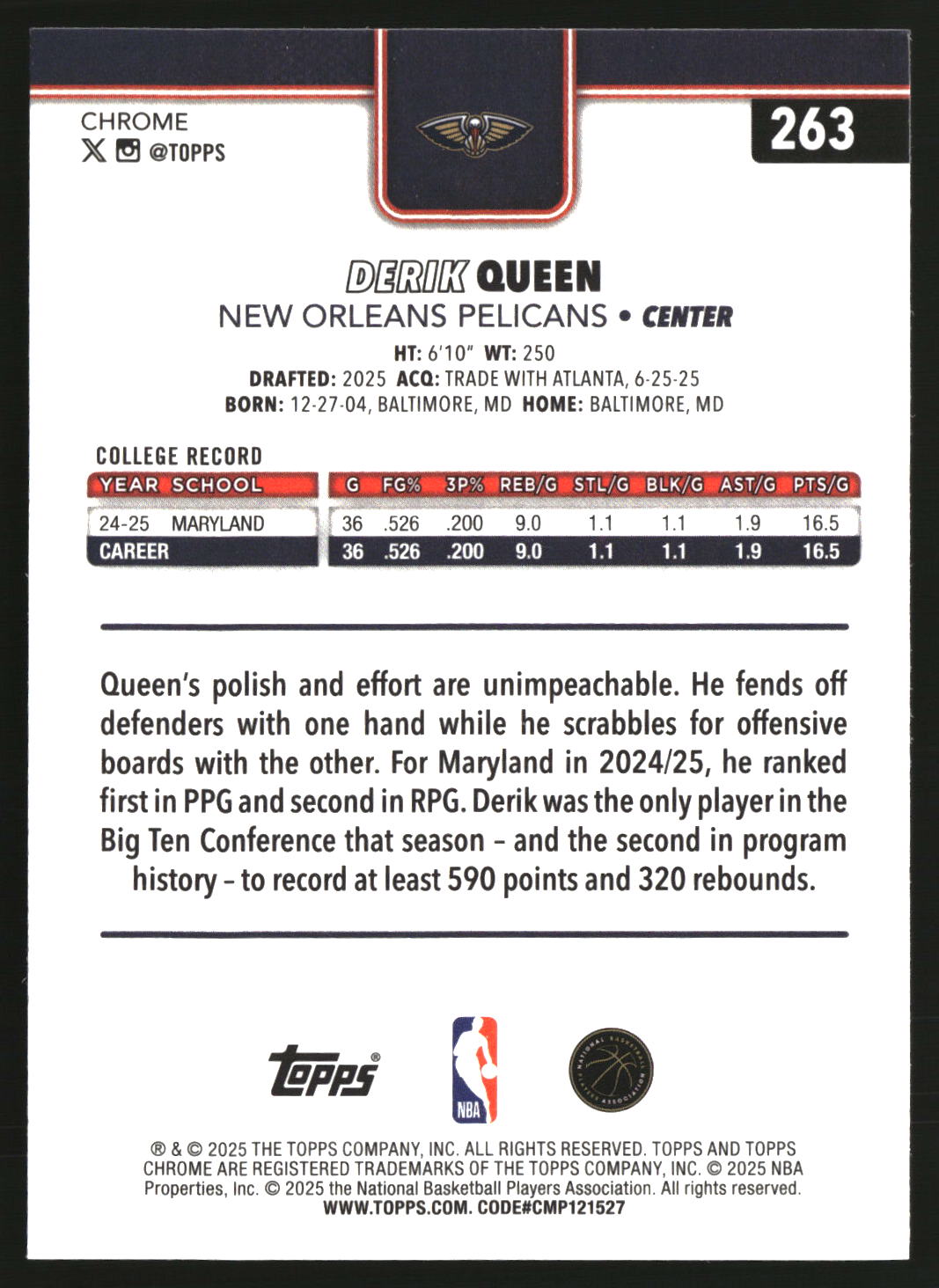 Derik Queen 2025-26 Topps Chrome #263