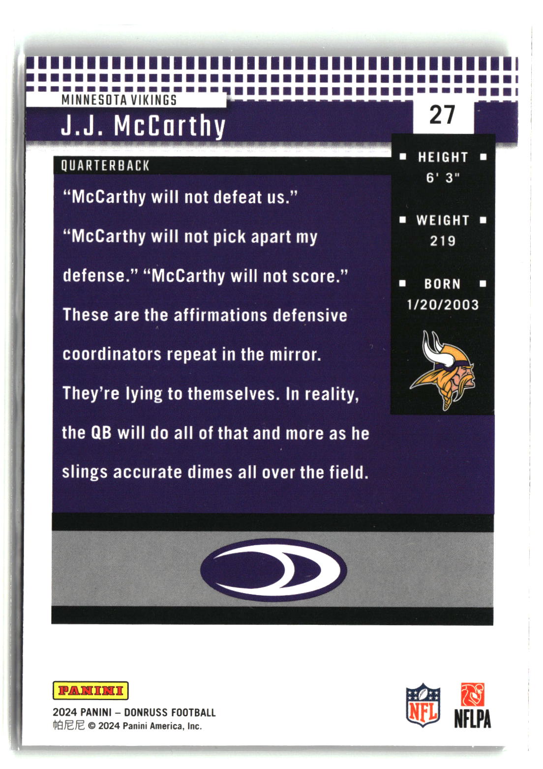 J.J. McCarthy 2024 Donruss Retro 2004 #27