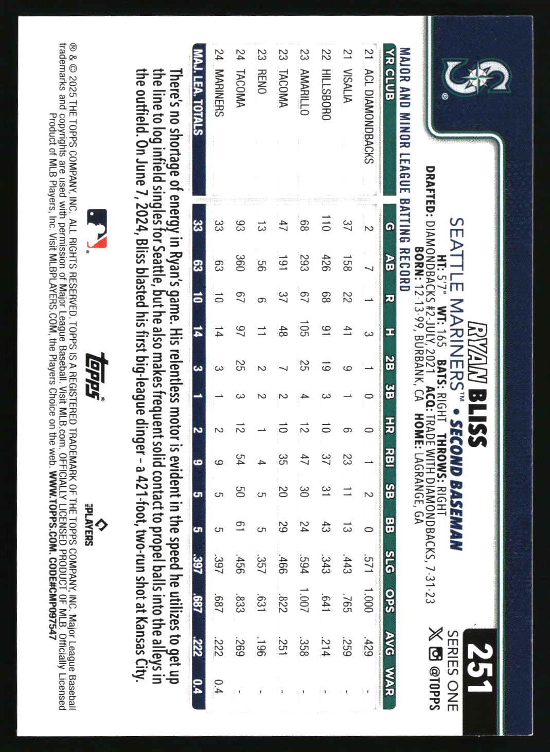 Ryan Bliss 2025 Topps #251