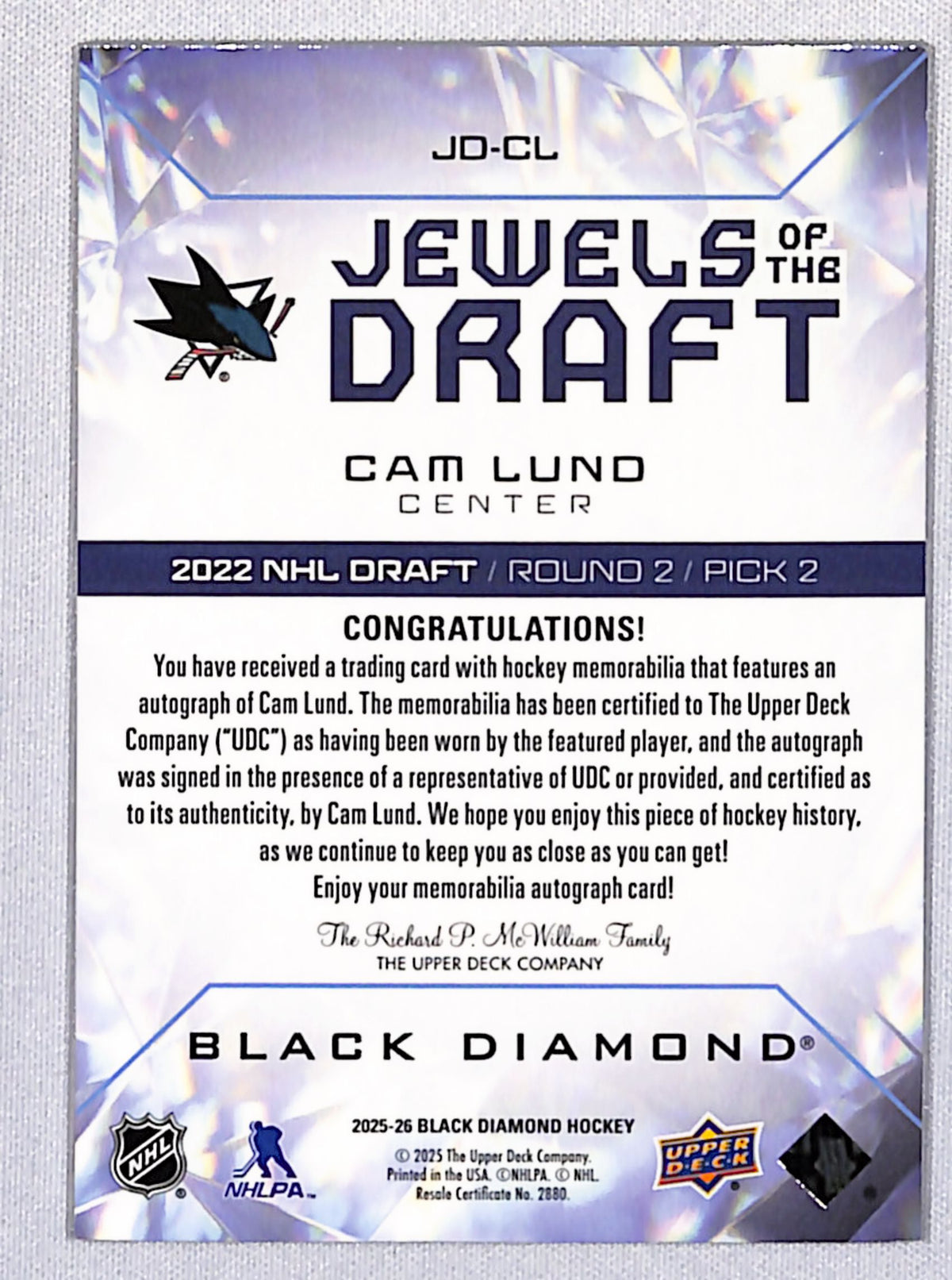 Cam Lund 2025-26 UD Black Diamond Jewels of the Draft Rookies #JD-CL #/99