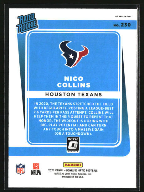 Nico Collins 2021 Donruss Optic Purple Velocity #230