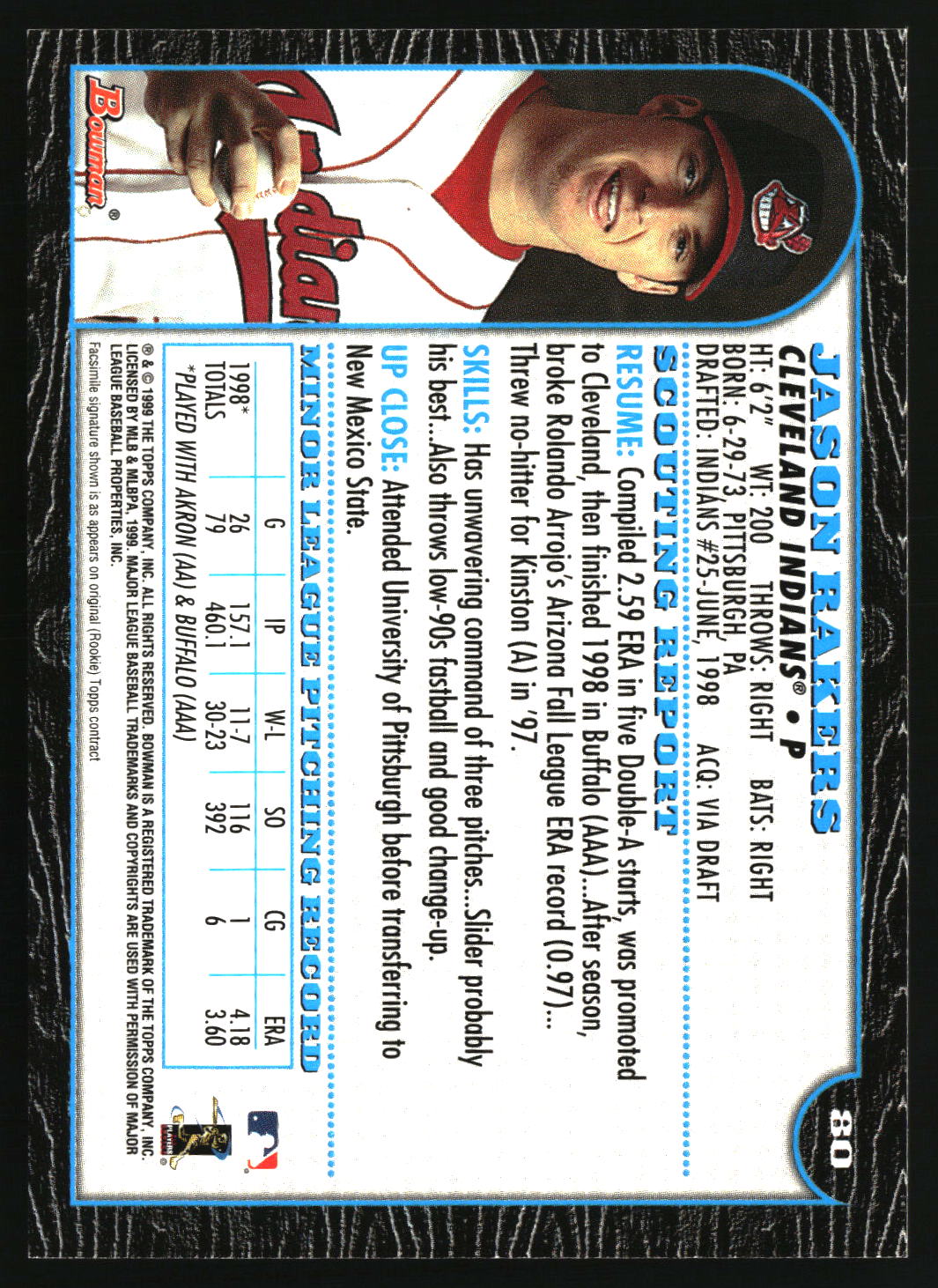 Jason Rakers 1999 Bowman #80