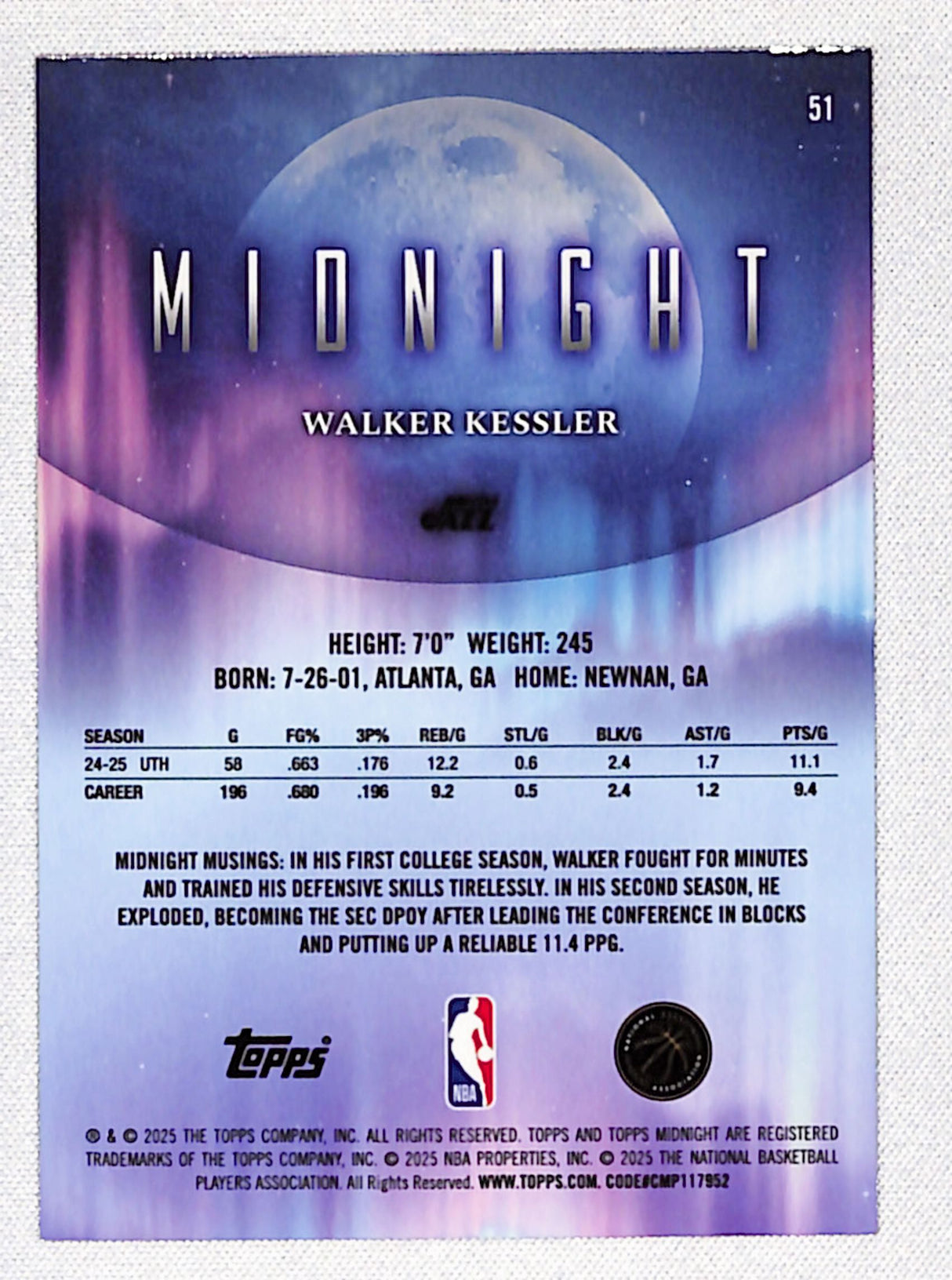 Walker Kessler 2025-26 Topps Midnight #51