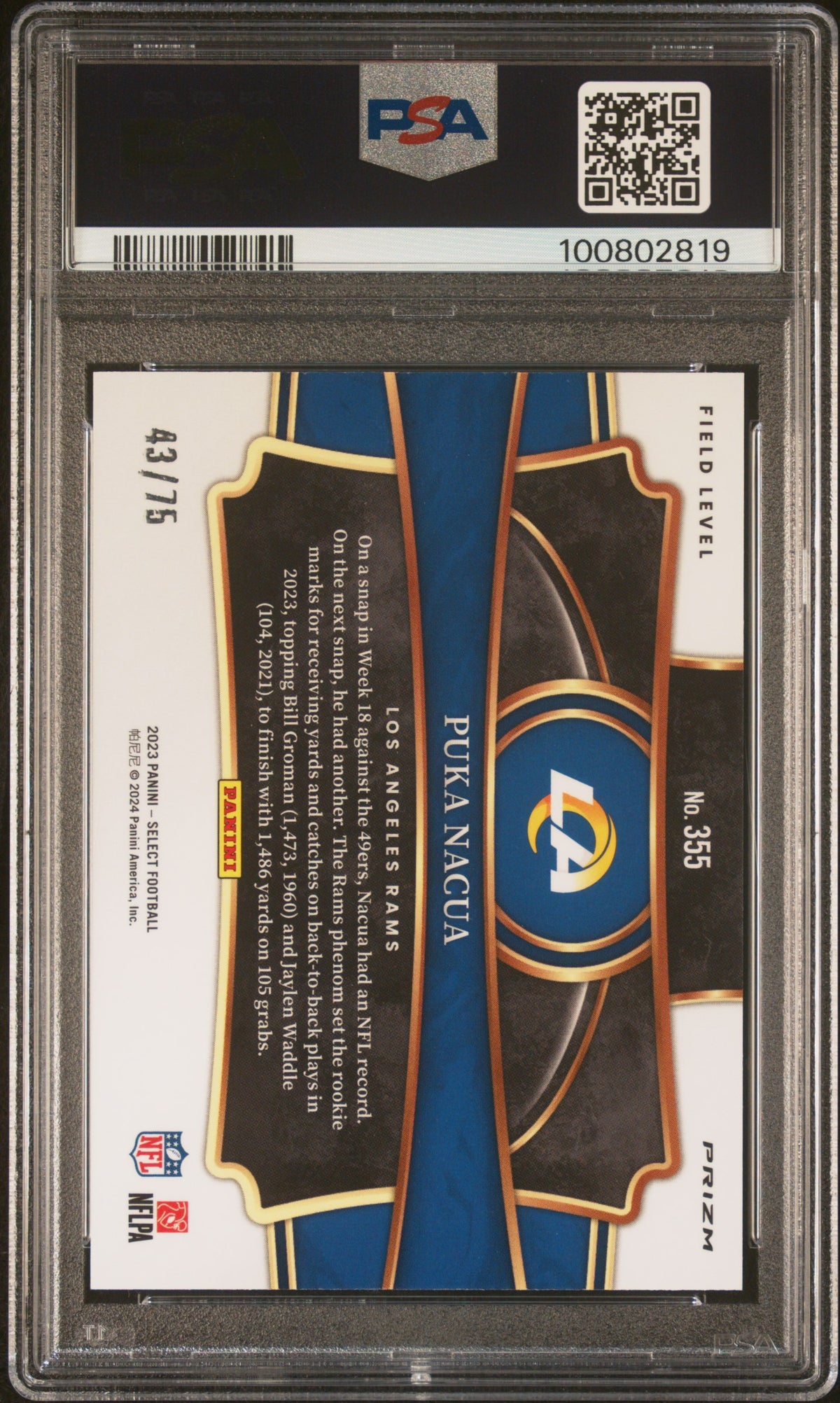 Puka Nacua 2023 Panini Select Tri Color Prizm #355 43/75 PSA 10
