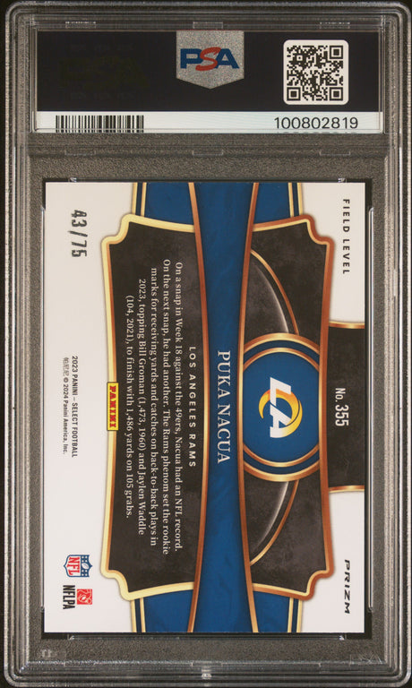 Puka Nacua 2023 Panini Select Tri Color Prizm #355 43/75 PSA 10