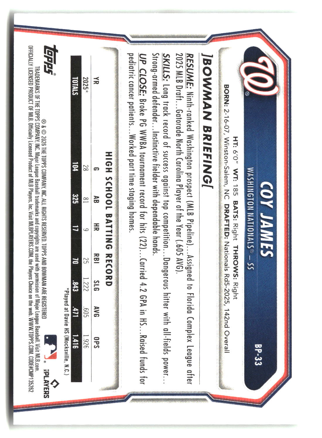 Coy James 2026 Bowman Prospects #BP-33