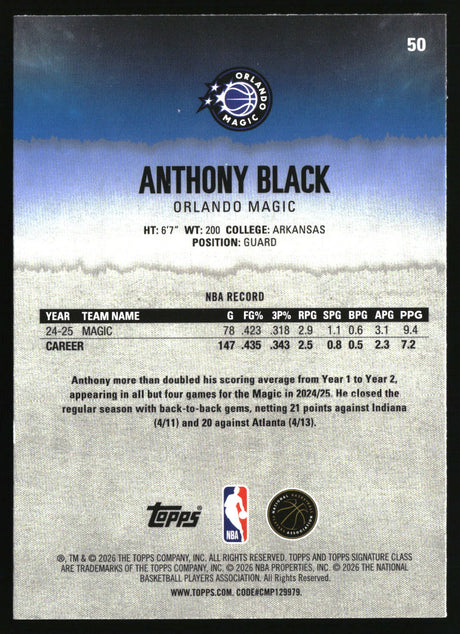 Anthony Black 2025-26 Topps Signature Class #50