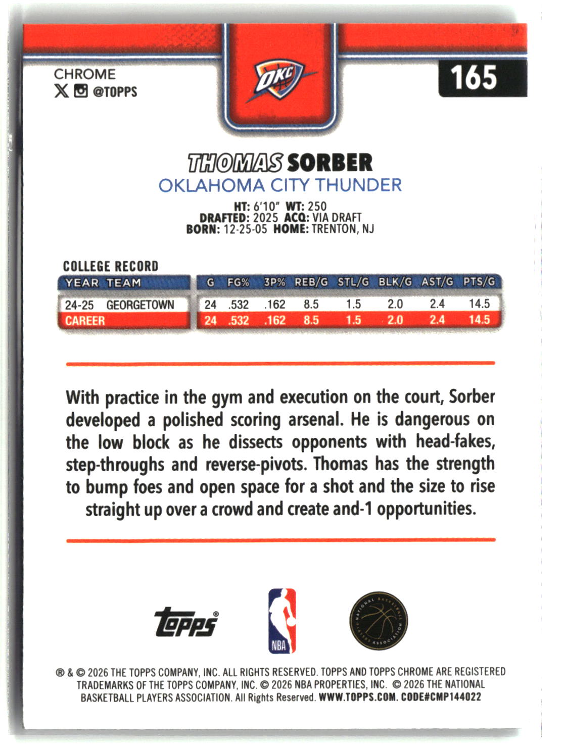 Thomas Sorber 2025-26 Topps Chrome Update #165