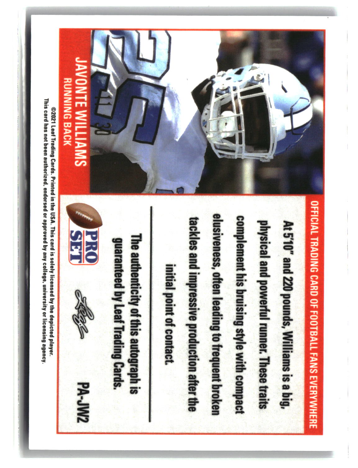 Javonte Williams 2021 Leaf Portrait Autographs Blue #PA-JW2 #/30