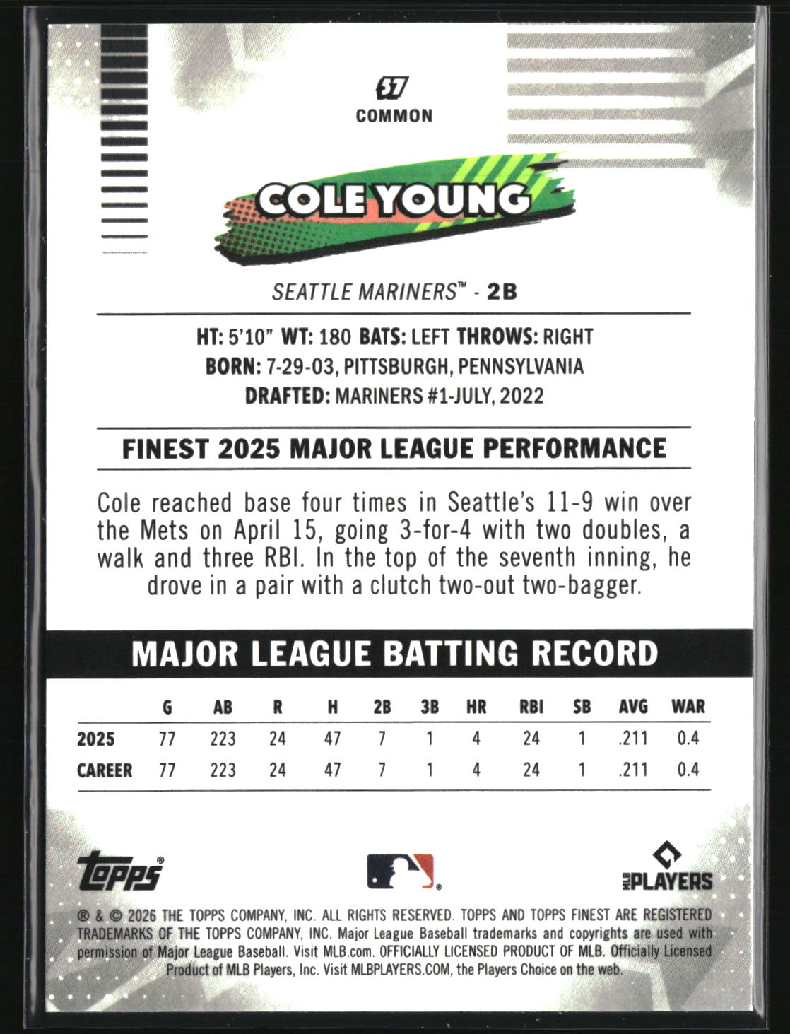 Cole Young 2026 Finest #57