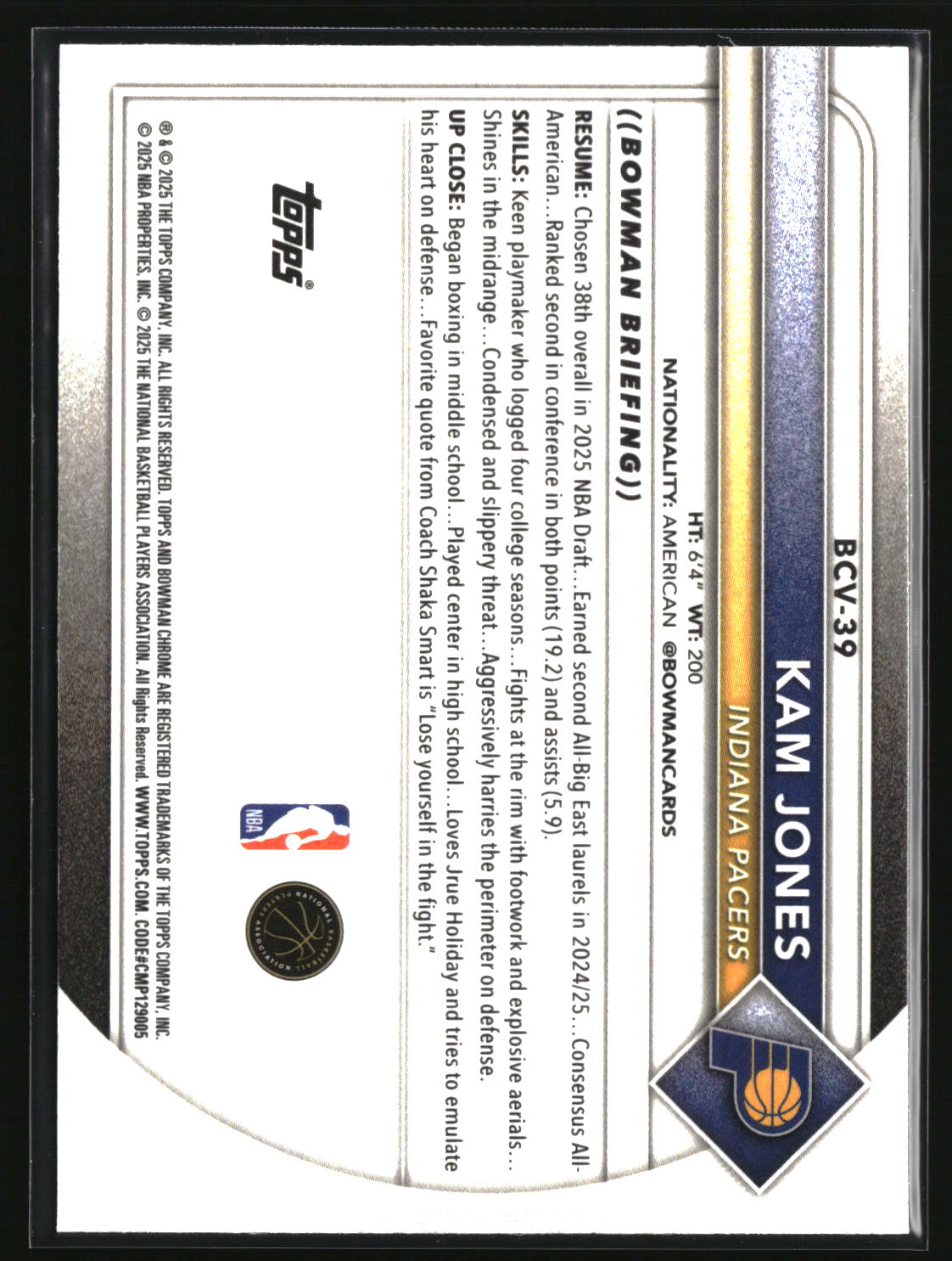Kam Jones 2025-26 Bowman Chrome Reptilian Refractor #BCV-39