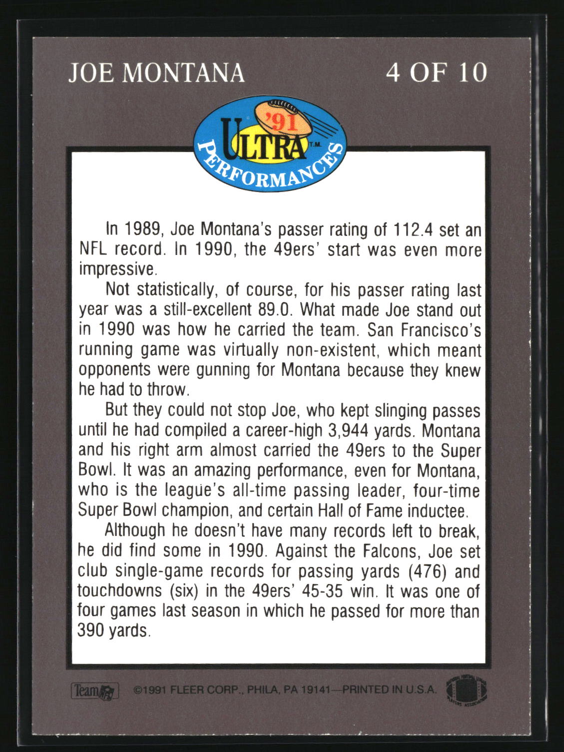 Joe Montana 1991 Ultra Ultra Performances #4
