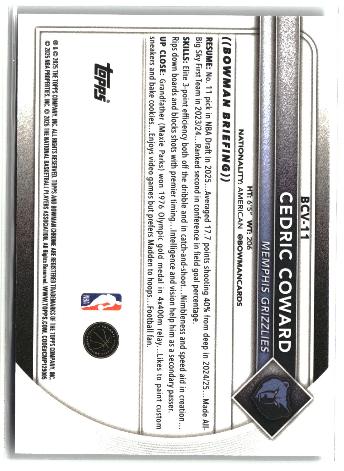 Cedric Coward 2025-26 Bowman Chrome Mojo Refractors #BCV-11