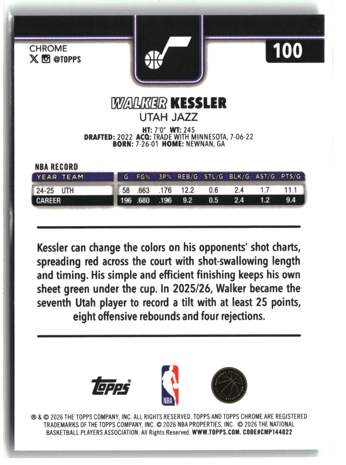 Walker Kessler 2025-26 Topps Chrome Update Aqua Wave Refractor #100 #/199