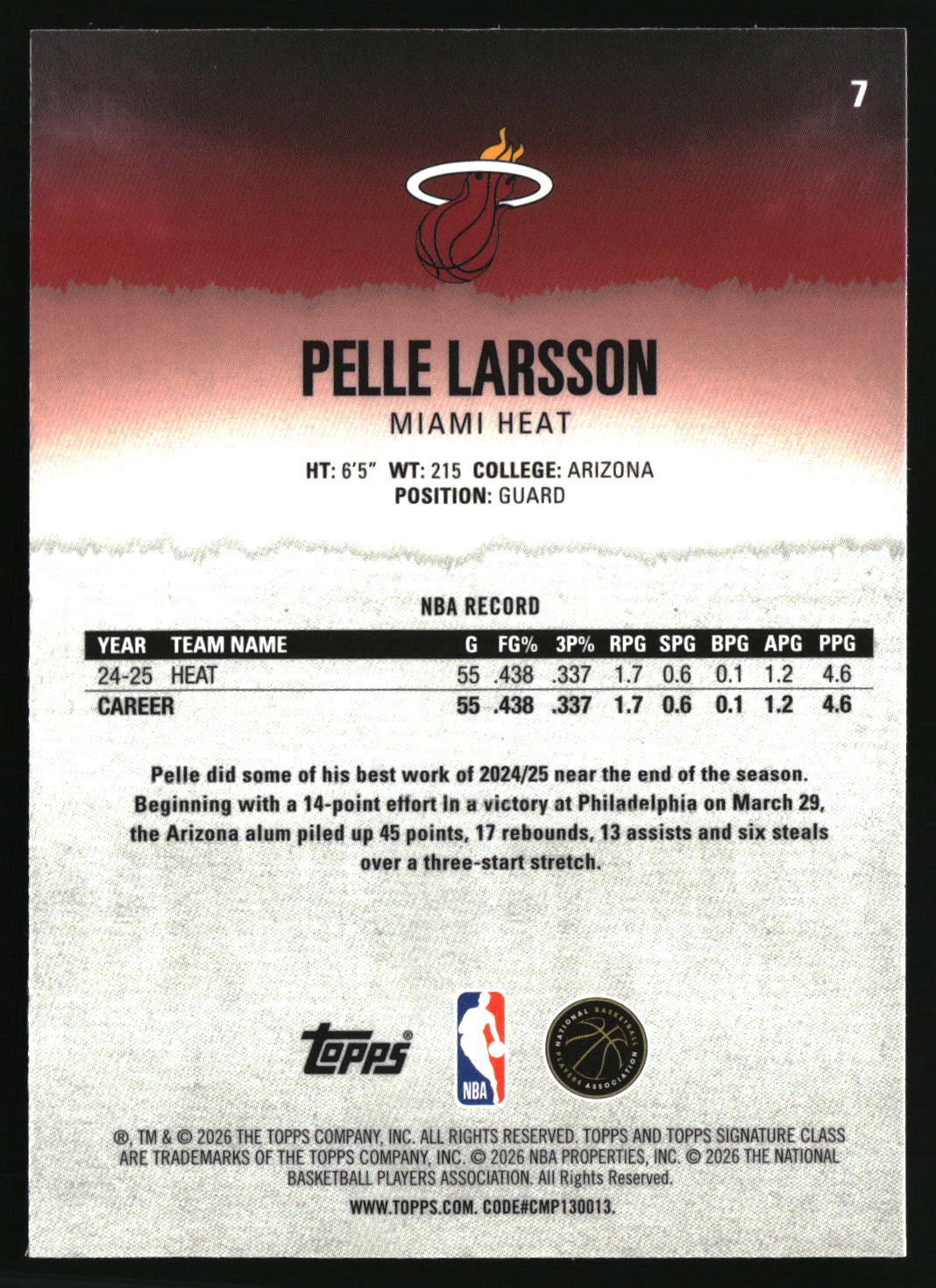 Pelle Larsson 2025-26 Topps Signature Class Chrome #7